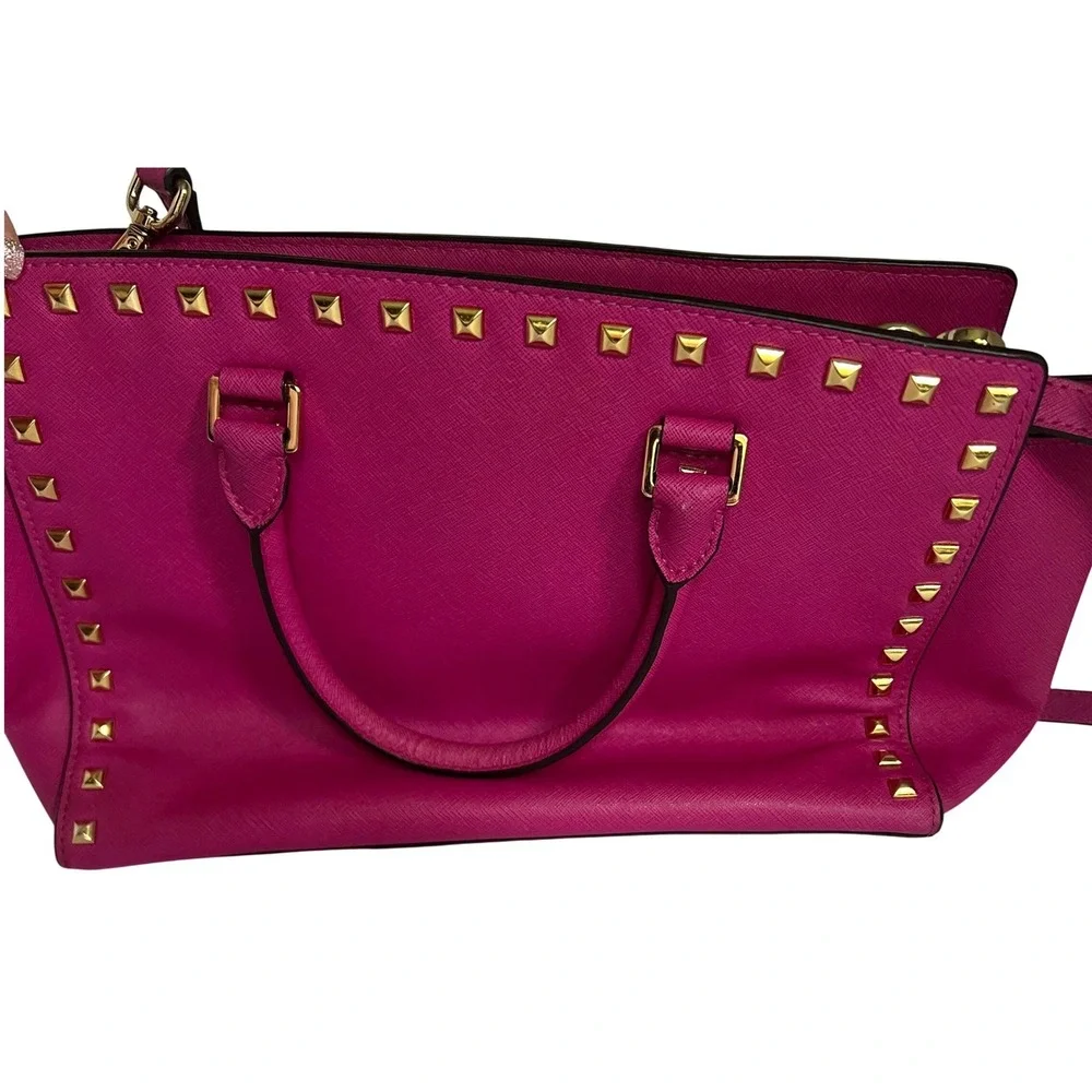 Michael Kors Selma Satchel Women Medium Magenta Pink Studded Saffiano Leather